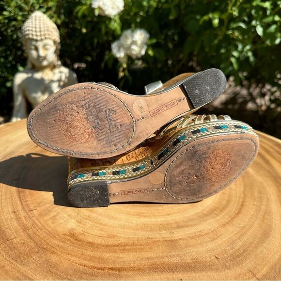 VINCE CAMUTO Womens Cork Wedge Sandal Heels in Patent Leather Gold Size 5.5 - Picture 7 of 7